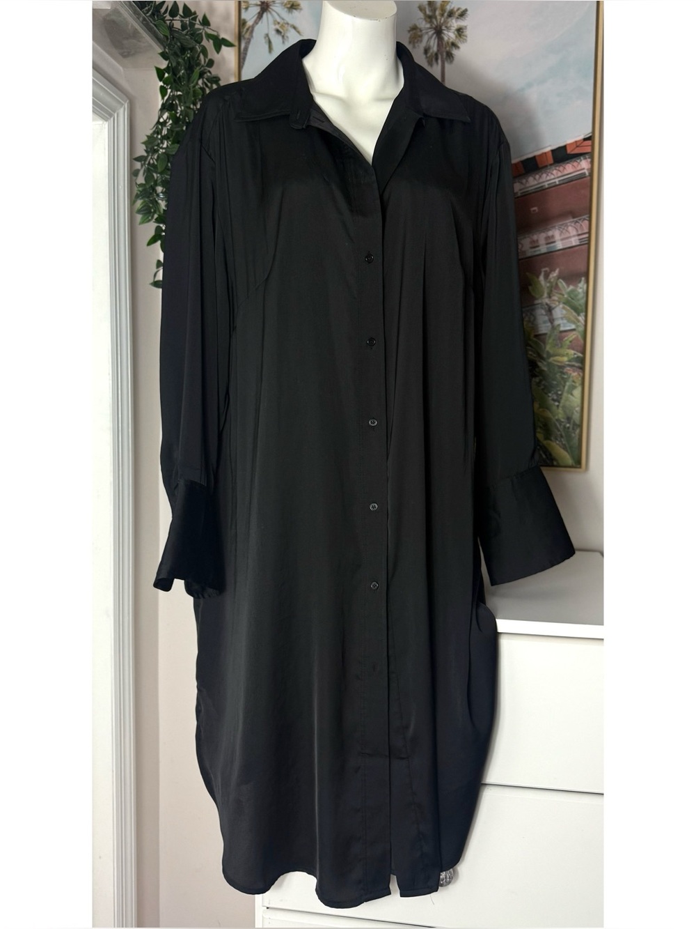 H&M Black Satin Oversized Shirt Dress Button Front Long Sleeve Size Large